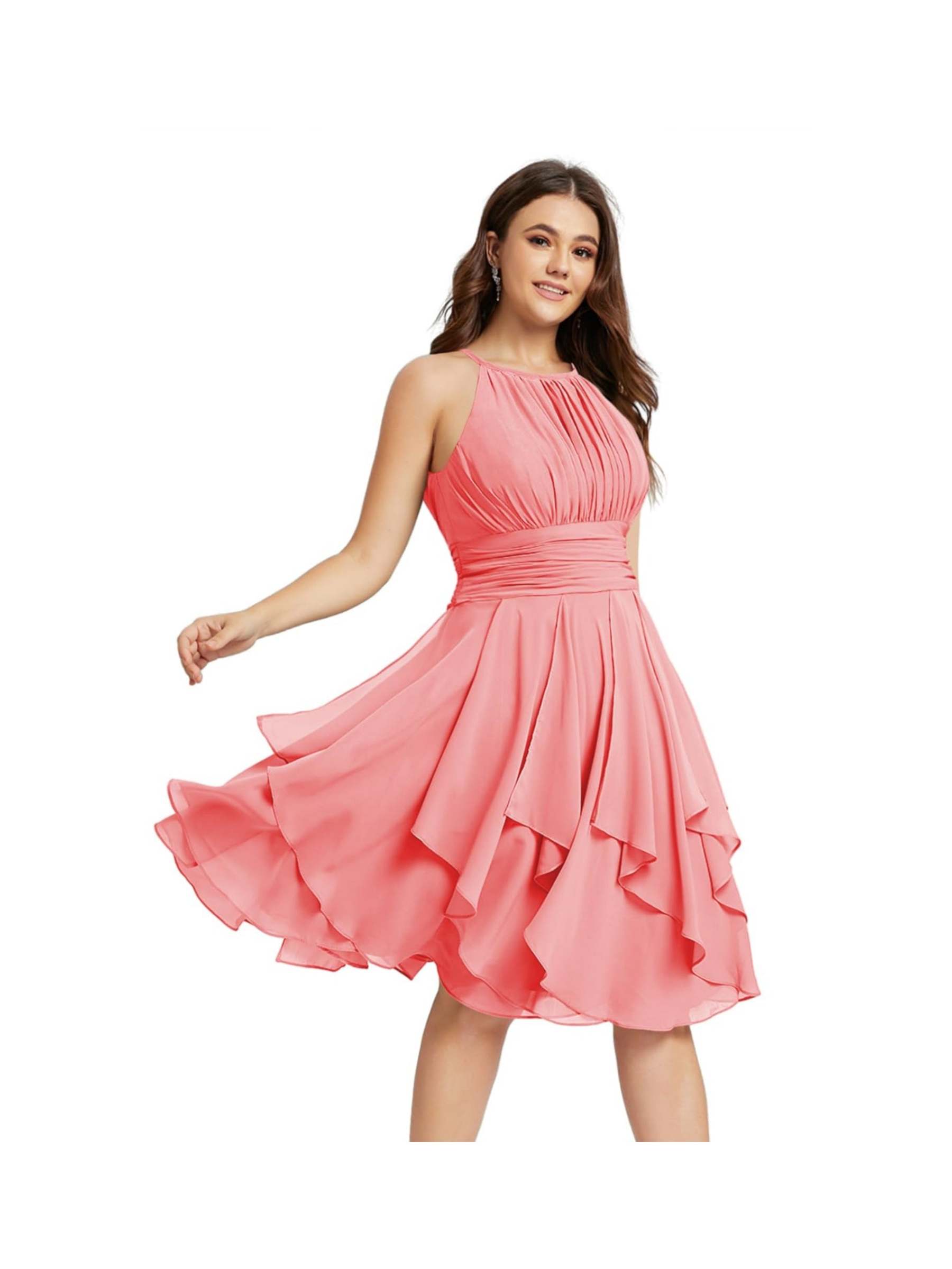 Princess A-Line Halter Mini Bridesmaid Dresses with Chiffon Ruffle and Pleated Pockets