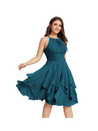 Princess A-Line Halter Mini Bridesmaid Dresses with Chiffon Ruffle and Pleated Pockets