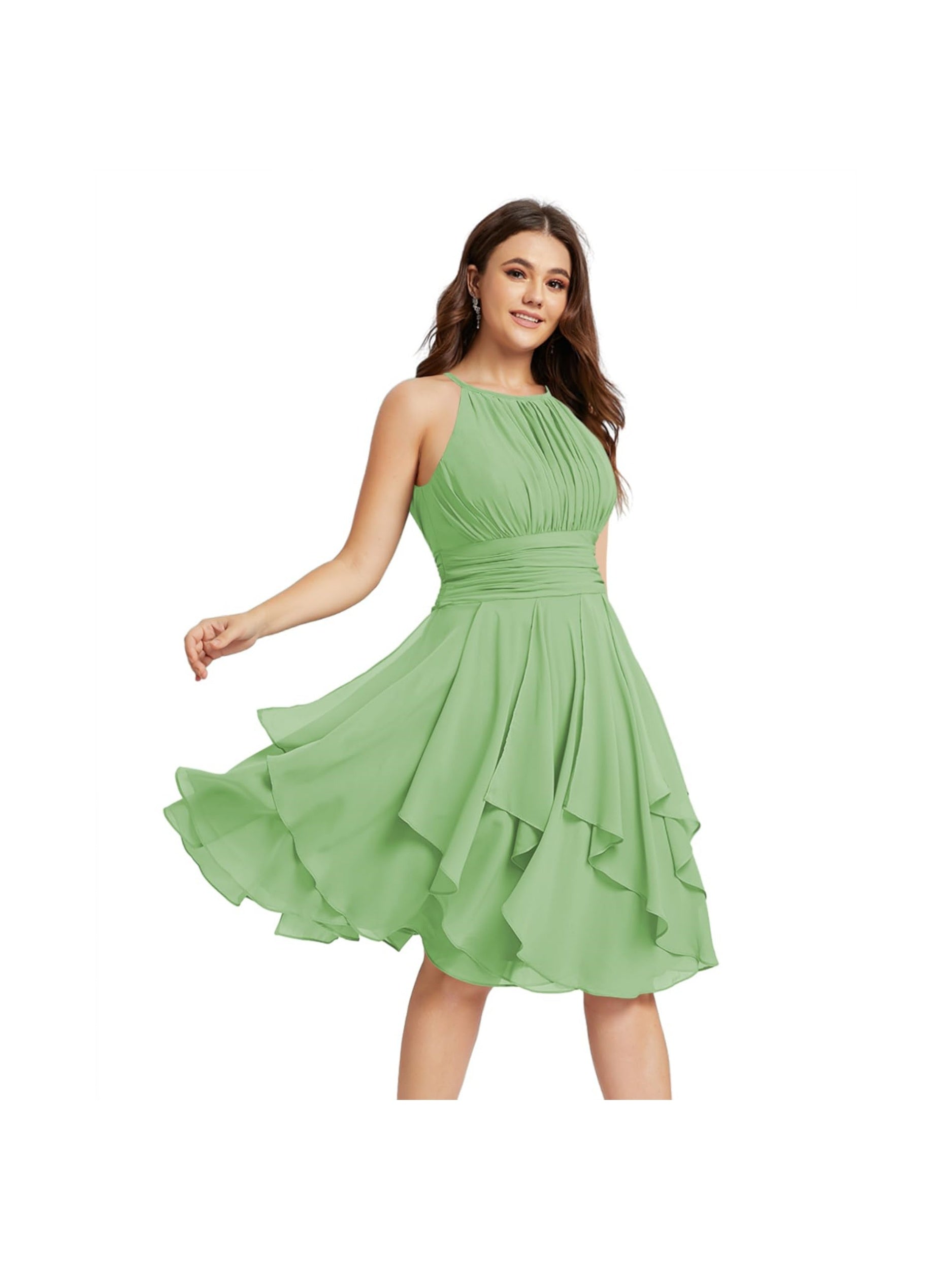 Princess A-Line Halter Mini Bridesmaid Dresses with Chiffon Ruffle and Pleated Pockets