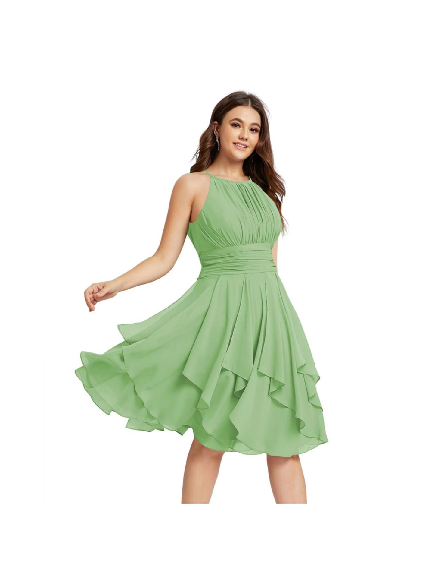 Princess A-Line Halter Mini Bridesmaid Dresses with Chiffon Ruffle and Pleated Pockets