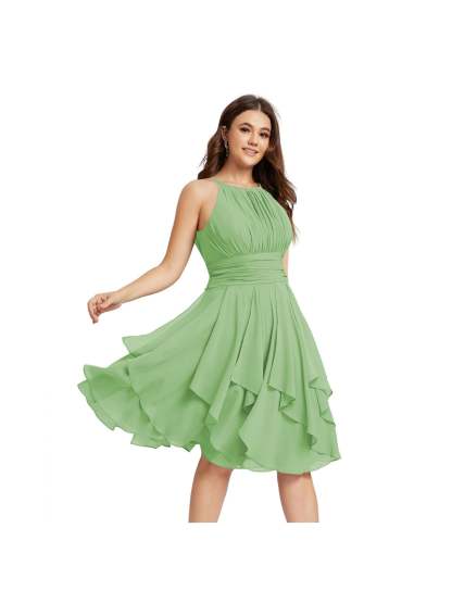 Princess A-Line Halter Mini Bridesmaid Dresses with Chiffon Ruffle and Pleated Pockets