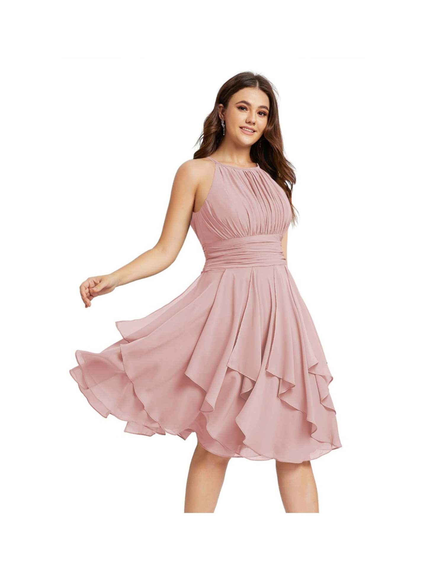 Princess A-Line Halter Mini Bridesmaid Dresses with Chiffon Ruffle and Pleated Pockets