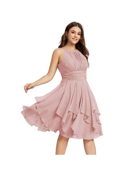Princess A-Line Halter Mini Bridesmaid Dresses with Chiffon Ruffle and Pleated Pockets