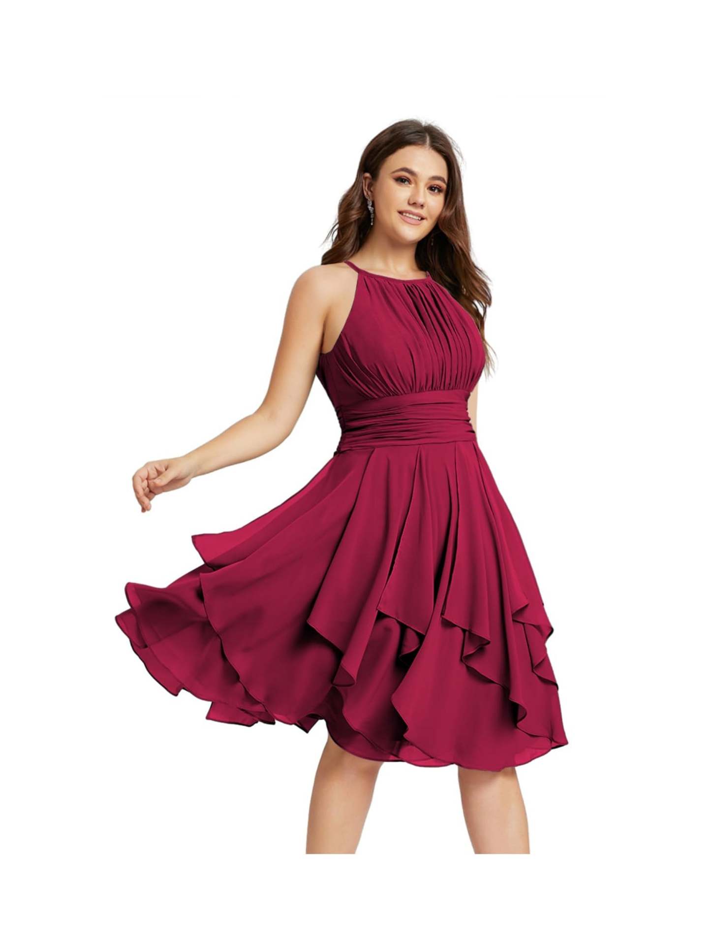 Princess A-Line Halter Mini Bridesmaid Dresses with Chiffon Ruffle and Pleated Pockets