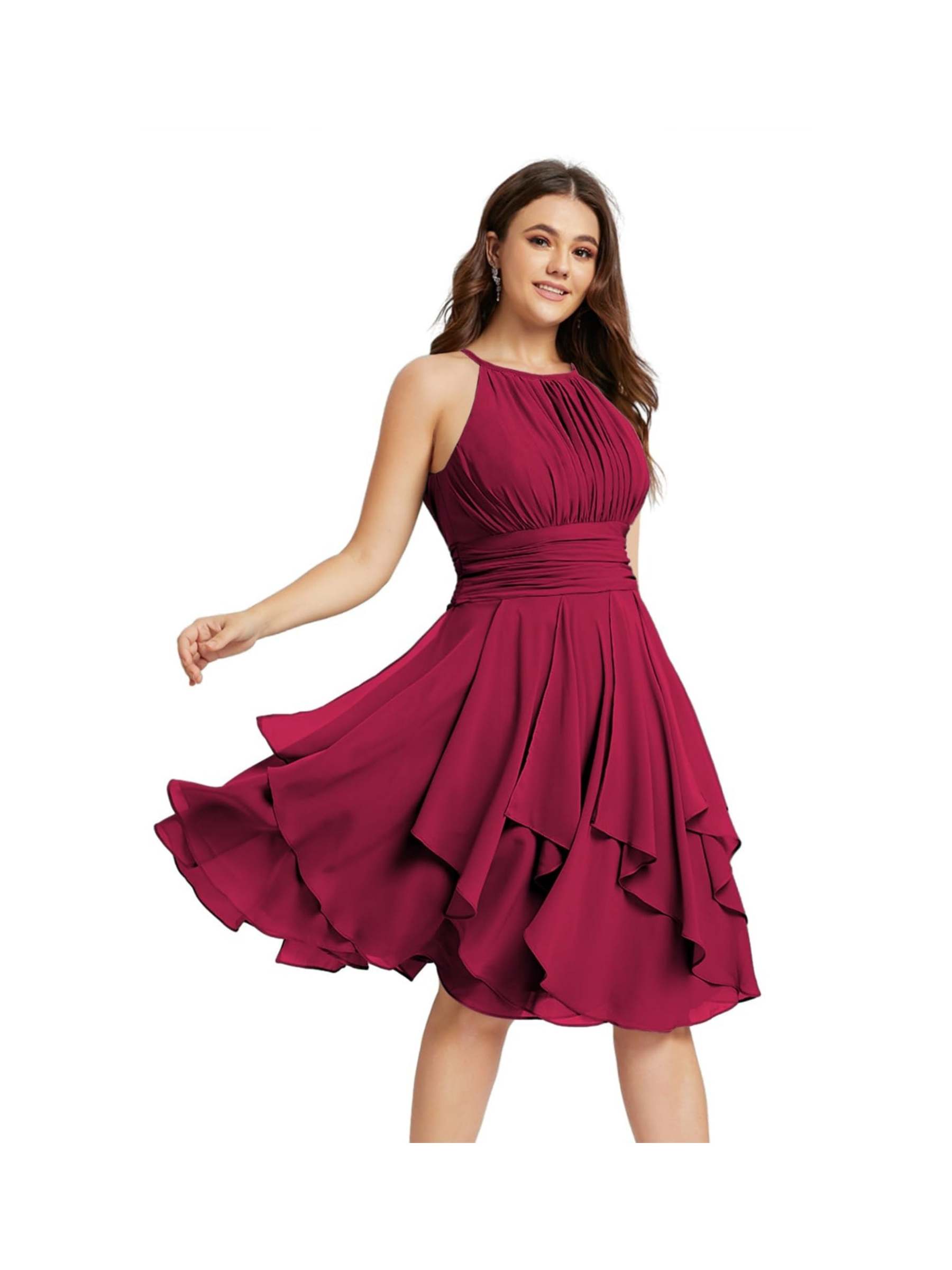 Princess A-Line Halter Mini Bridesmaid Dresses with Chiffon Ruffle and Pleated Pockets