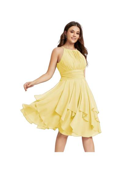 Princess A-Line Halter Mini Bridesmaid Dresses with Chiffon Ruffle and Pleated Pockets