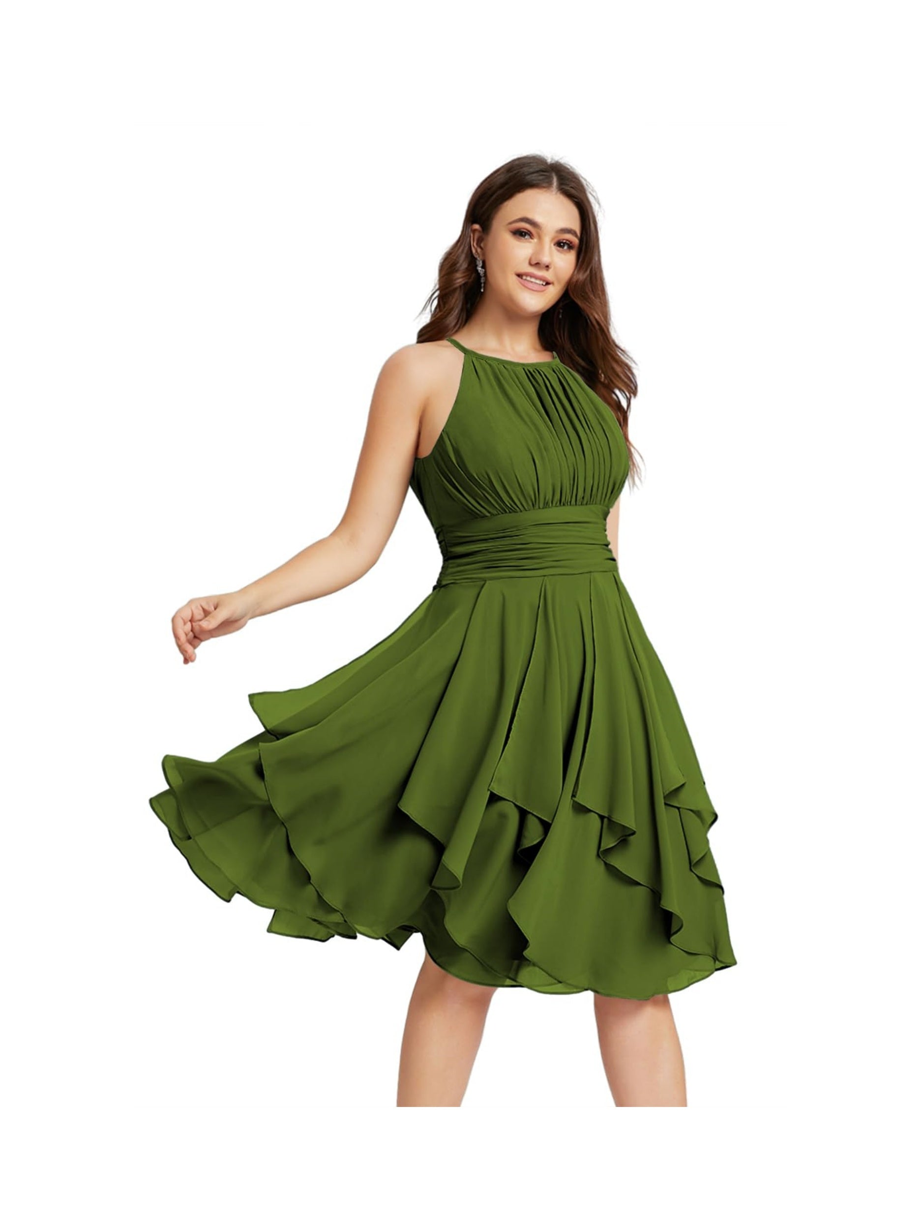 Princess A-Line Halter Mini Bridesmaid Dresses with Chiffon Ruffle and Pleated Pockets