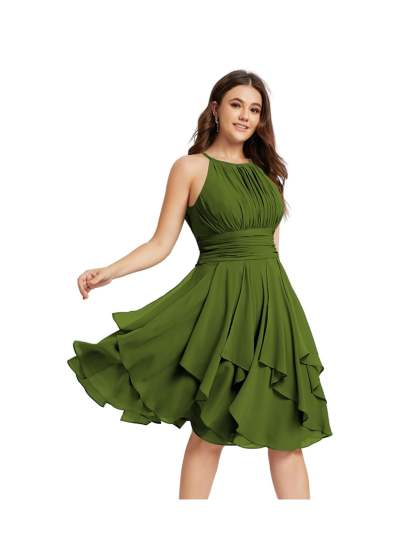 Princess A-Line Halter Mini Bridesmaid Dresses with Chiffon Ruffle and Pleated Pockets