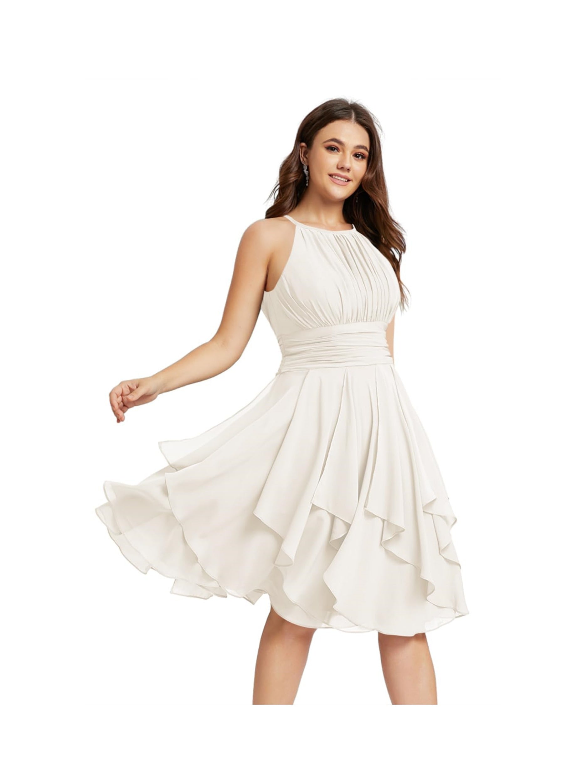 Princess A-Line Halter Mini Bridesmaid Dresses with Chiffon Ruffle and Pleated Pockets