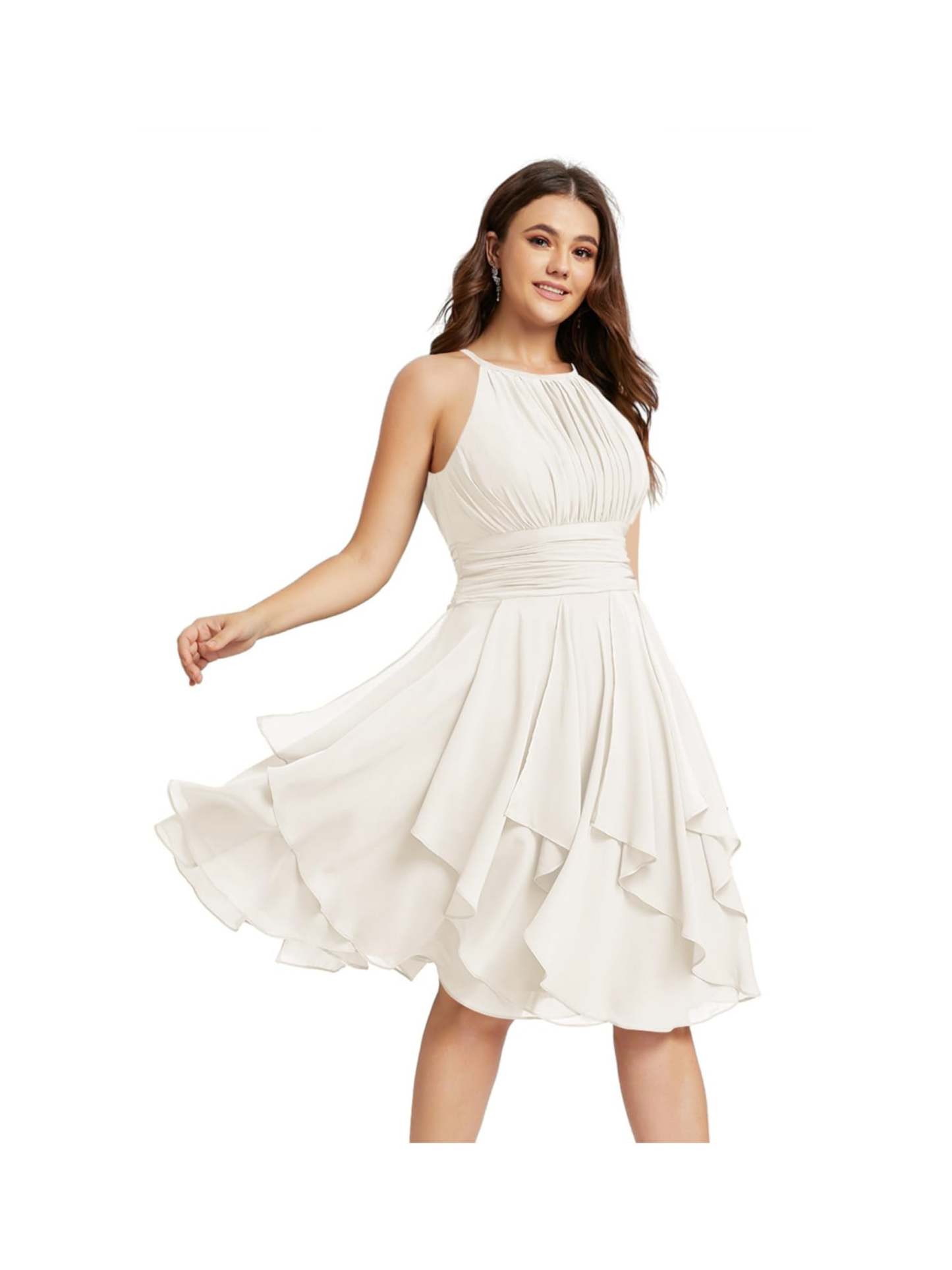 Princess A-Line Halter Mini Bridesmaid Dresses with Chiffon Ruffle and Pleated Pockets