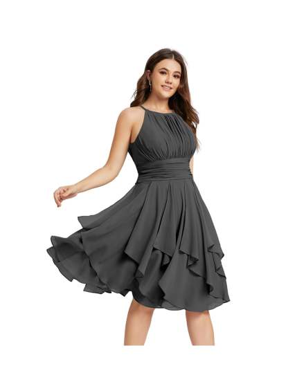 Princess A-Line Halter Mini Bridesmaid Dresses with Chiffon Ruffle and Pleated Pockets