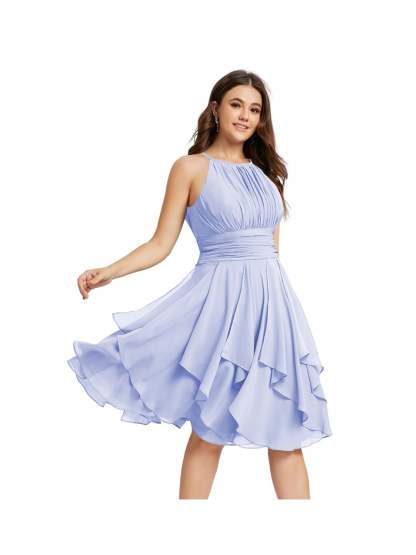 Princess A-Line Halter Mini Bridesmaid Dresses with Chiffon Ruffle and Pleated Pockets