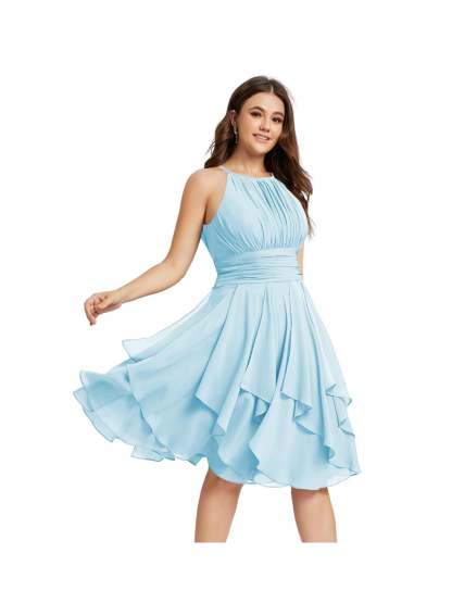 Princess A-Line Halter Mini Bridesmaid Dresses with Chiffon Ruffle and Pleated Pockets