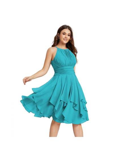 Princess A-Line Halter Mini Bridesmaid Dresses with Chiffon Ruffle and Pleated Pockets