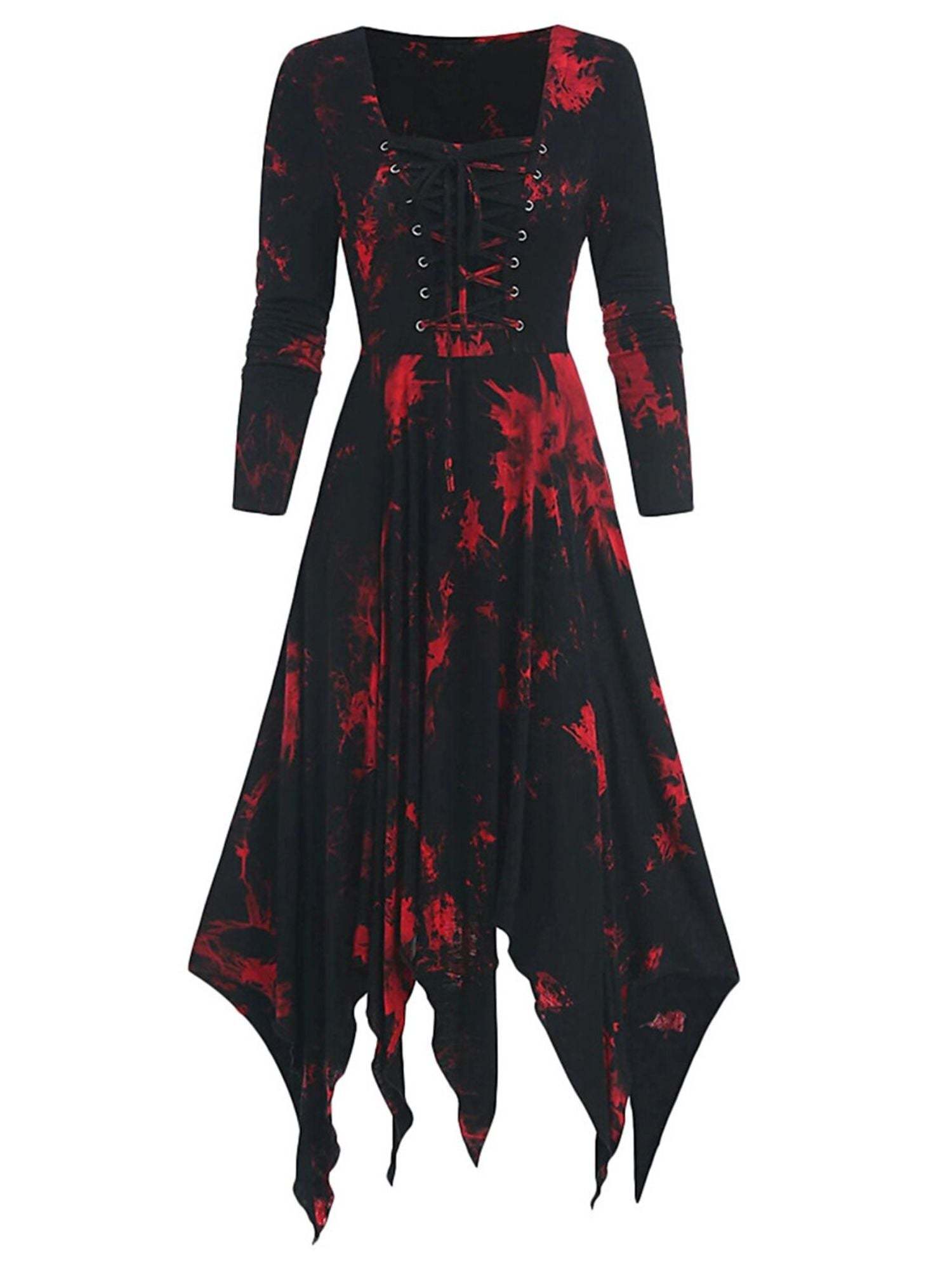 Retro Red A-Line Princess Dress with Square Neck 3/4 Sleeves Asymmetrical Drawstring Halloween Costume-BMbridal.UK