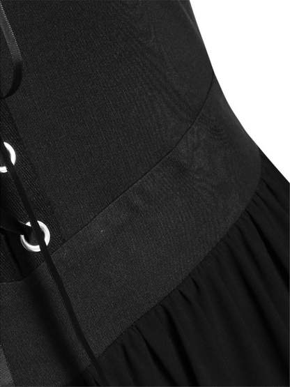 Black Sweetheart Retro Gothic A-Line Dress with 3/4 Sleeves for Halloween Performance