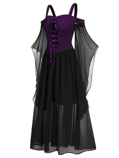 Black Sweetheart Retro Gothic A-Line Dress with 3/4 Sleeves for Halloween Performance