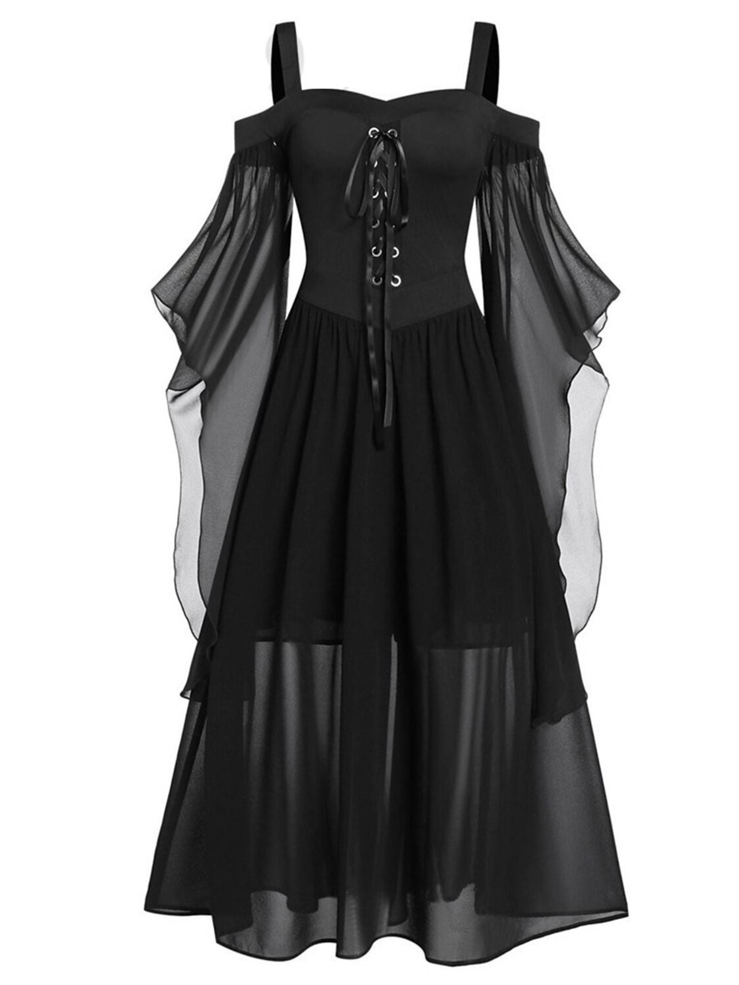 Black Sweetheart Retro Gothic A-Line Dress with 3/4 Sleeves for Halloween Performance