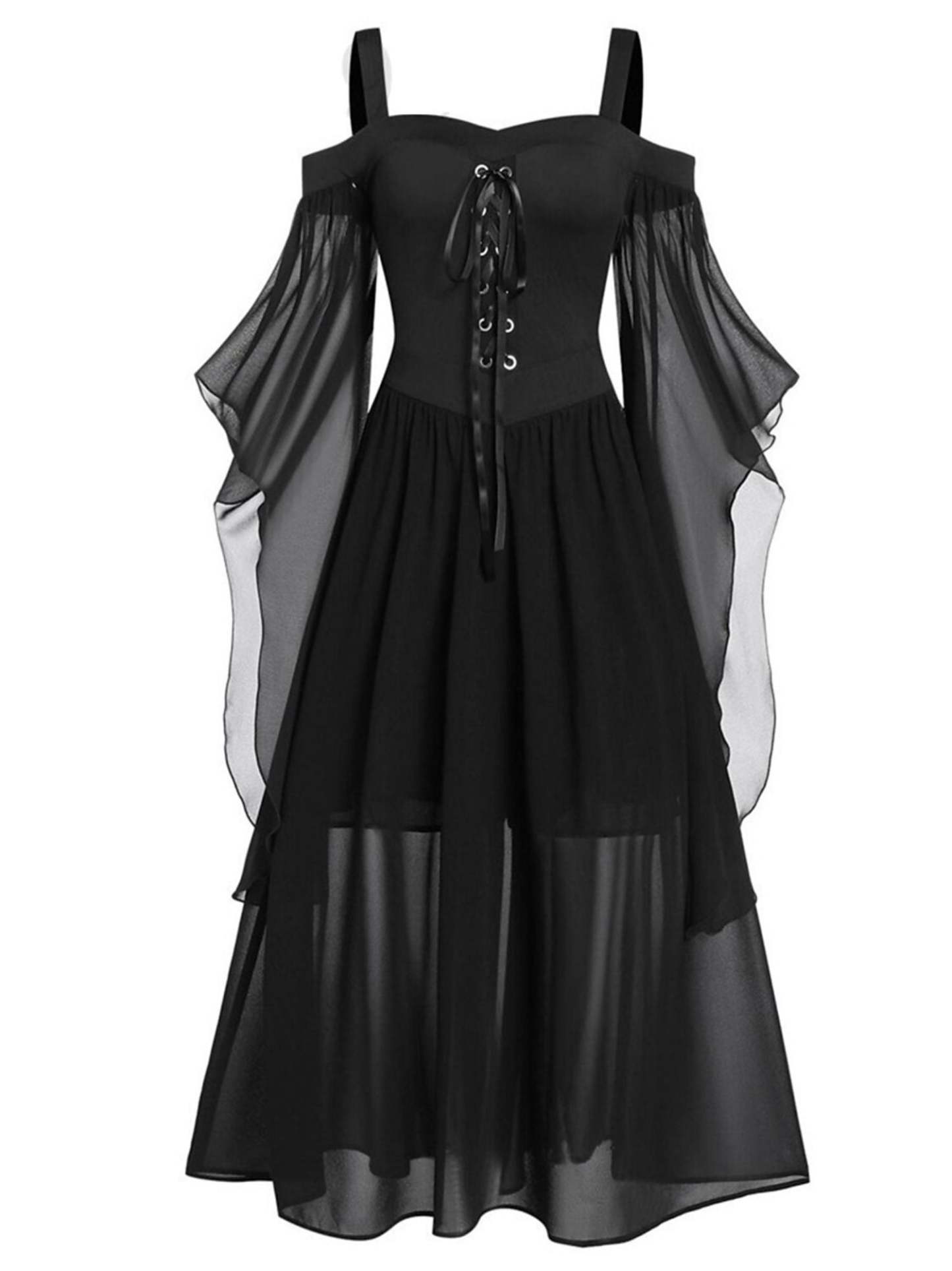 Black Sweetheart Retro Gothic A-Line Dress with 3/4 Sleeves for Halloween Performance
