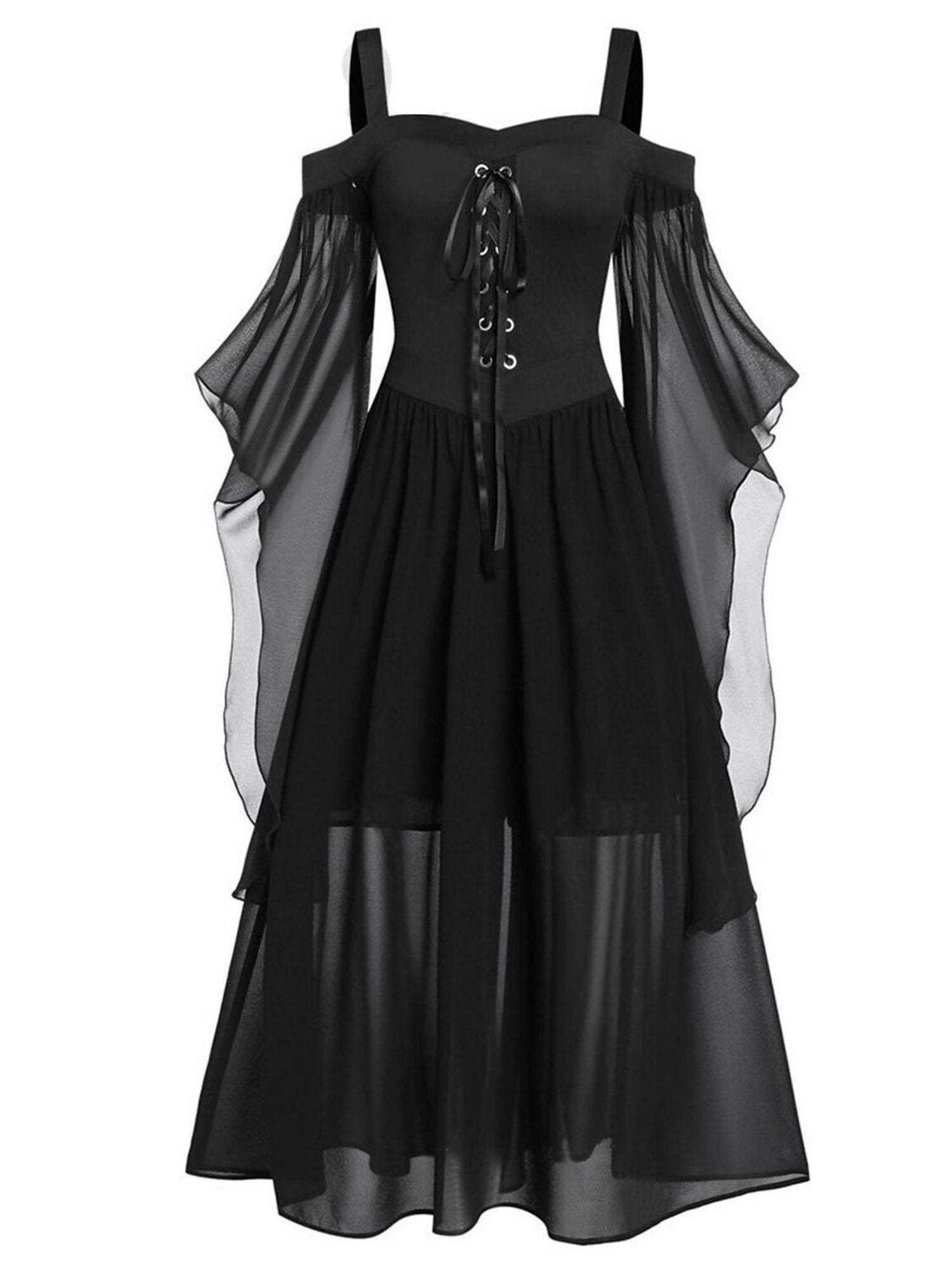 Black Sweetheart Retro Gothic A-Line Dress with 3/4 Sleeves for Halloween Performance
