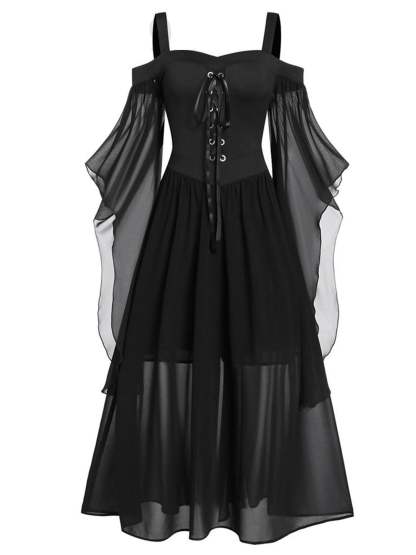 Black Sweetheart Retro Gothic A-Line Dress with 3/4 Sleeves for Halloween Performance