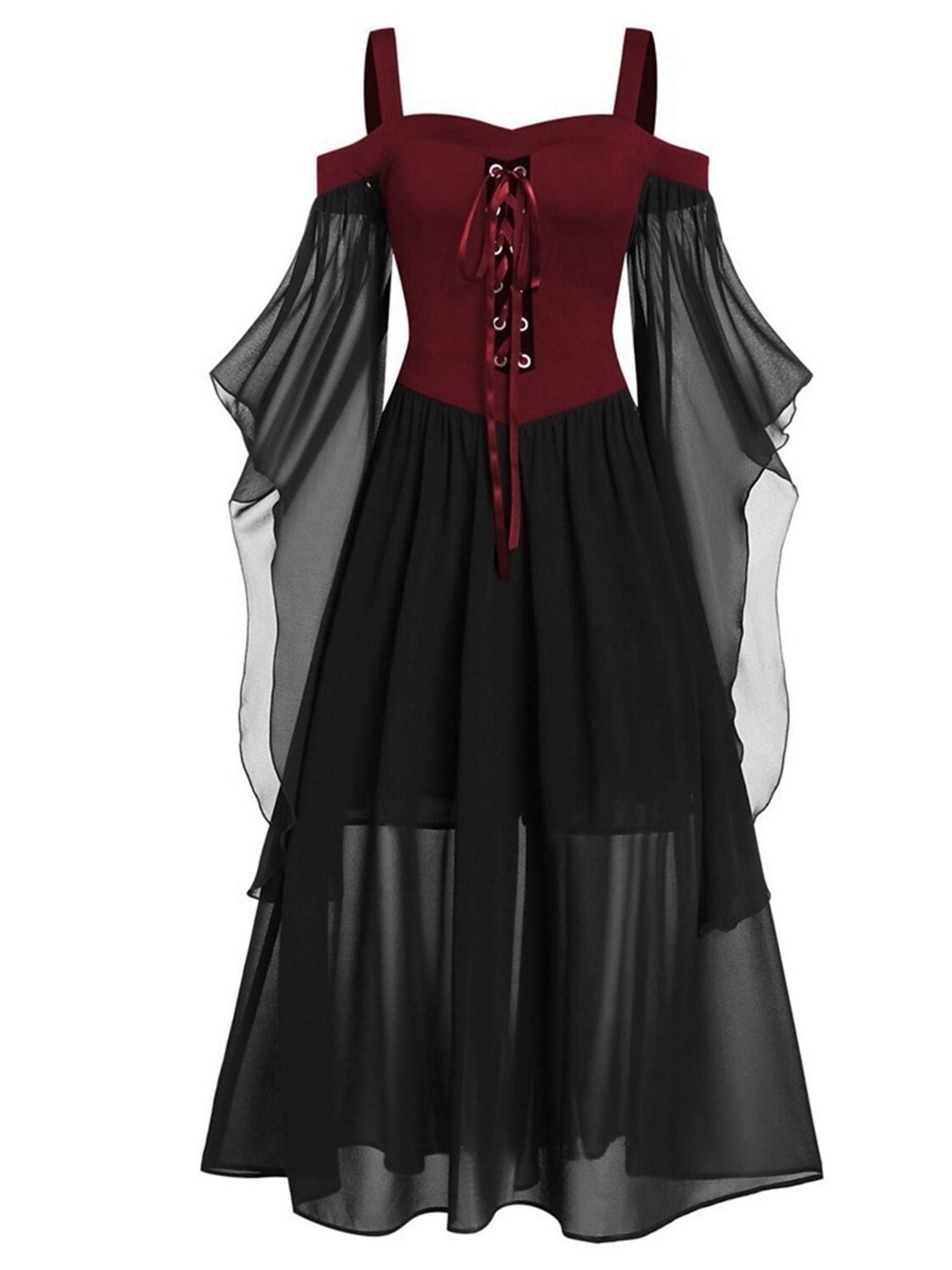 Black Sweetheart Retro Gothic A-Line Dress with 3/4 Sleeves for Halloween Performance