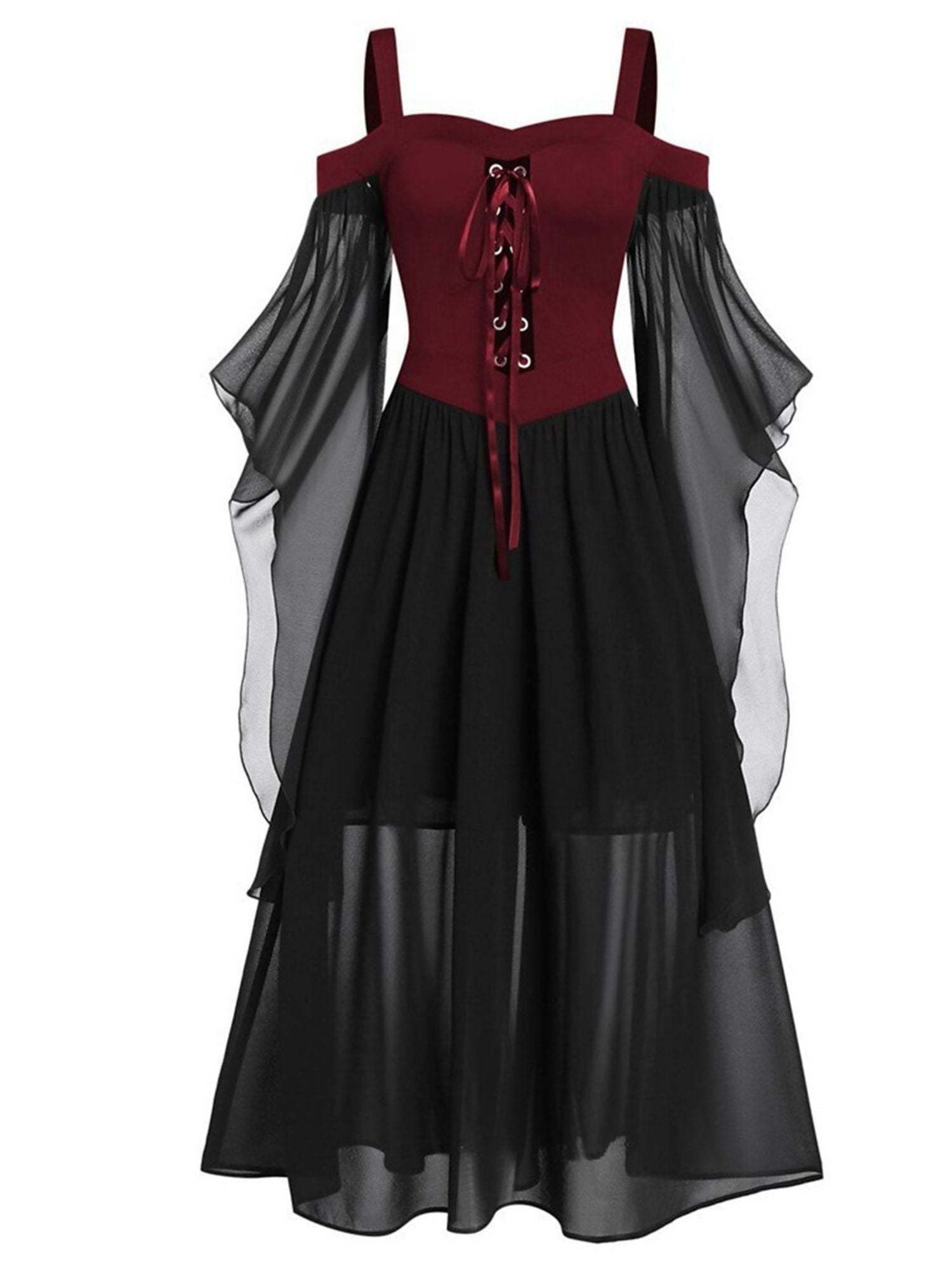 Black Sweetheart Retro Gothic A-Line Dress with 3/4 Sleeves for Halloween Performance