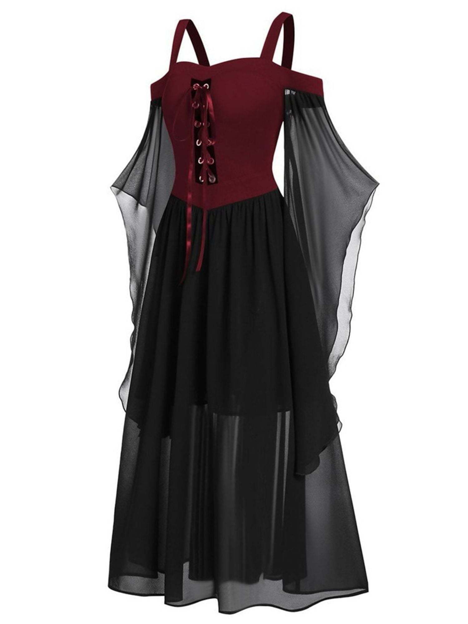 Black Sweetheart Retro Gothic A-Line Dress with 3/4 Sleeves for Halloween Performance