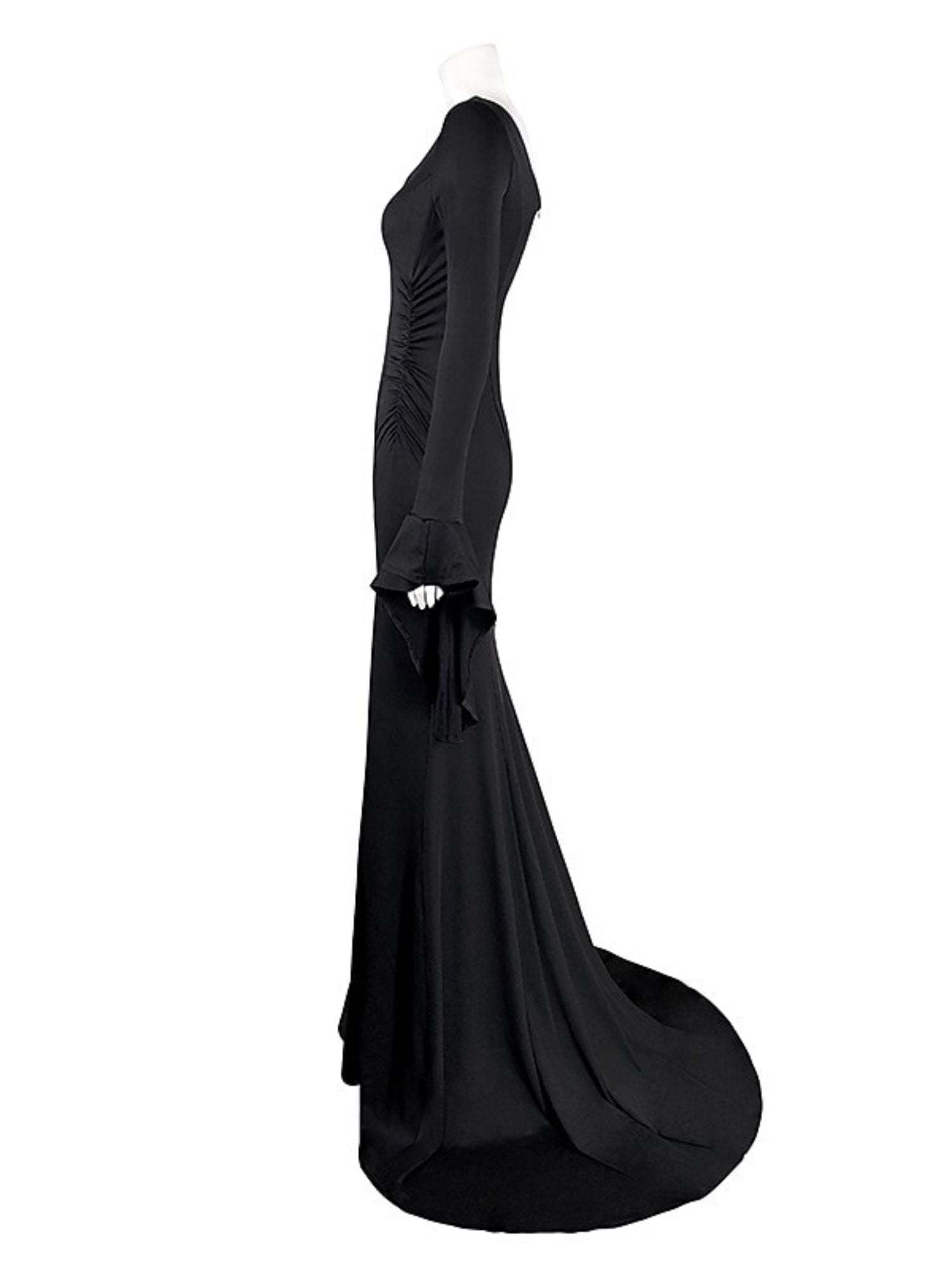 Goth Black Halloween Performance Dress with Mermaid/Trumpet V-neck and Long Sleeves