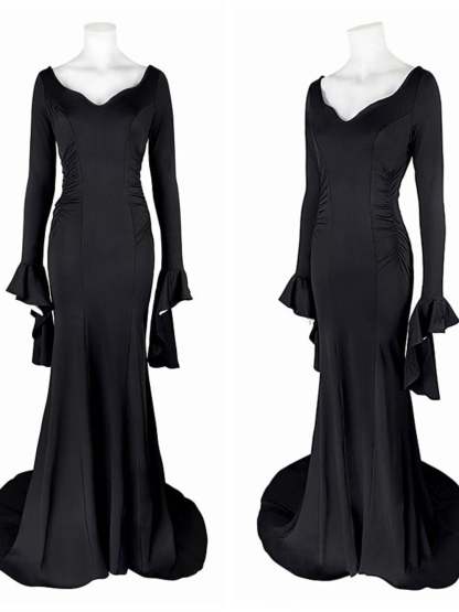 Goth Black Halloween Performance Dress with Mermaid/Trumpet V-neck and Long Sleeves