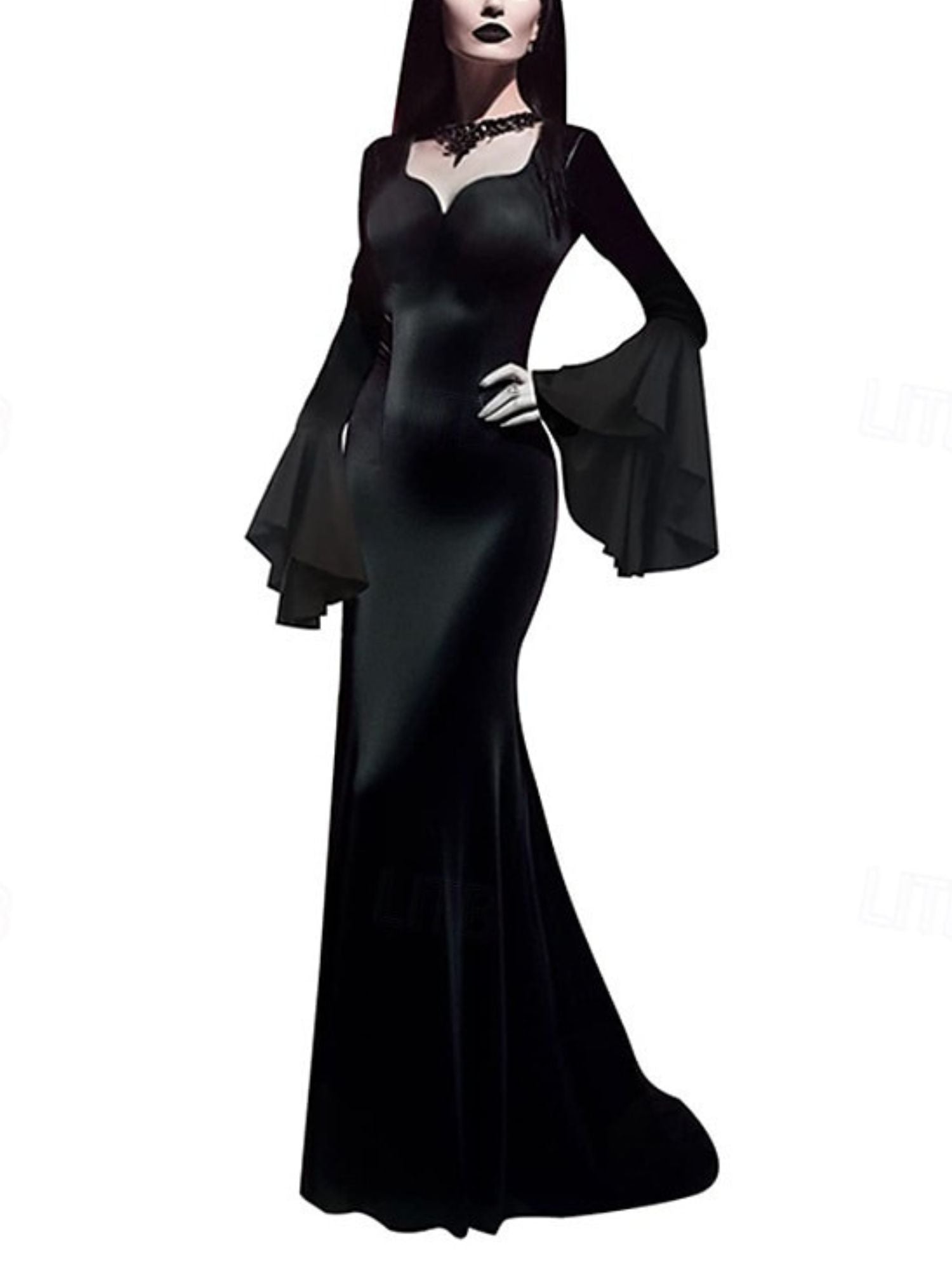 Goth Black Halloween Performance Dress with Mermaid/Trumpet V-neck and Long Sleeves
