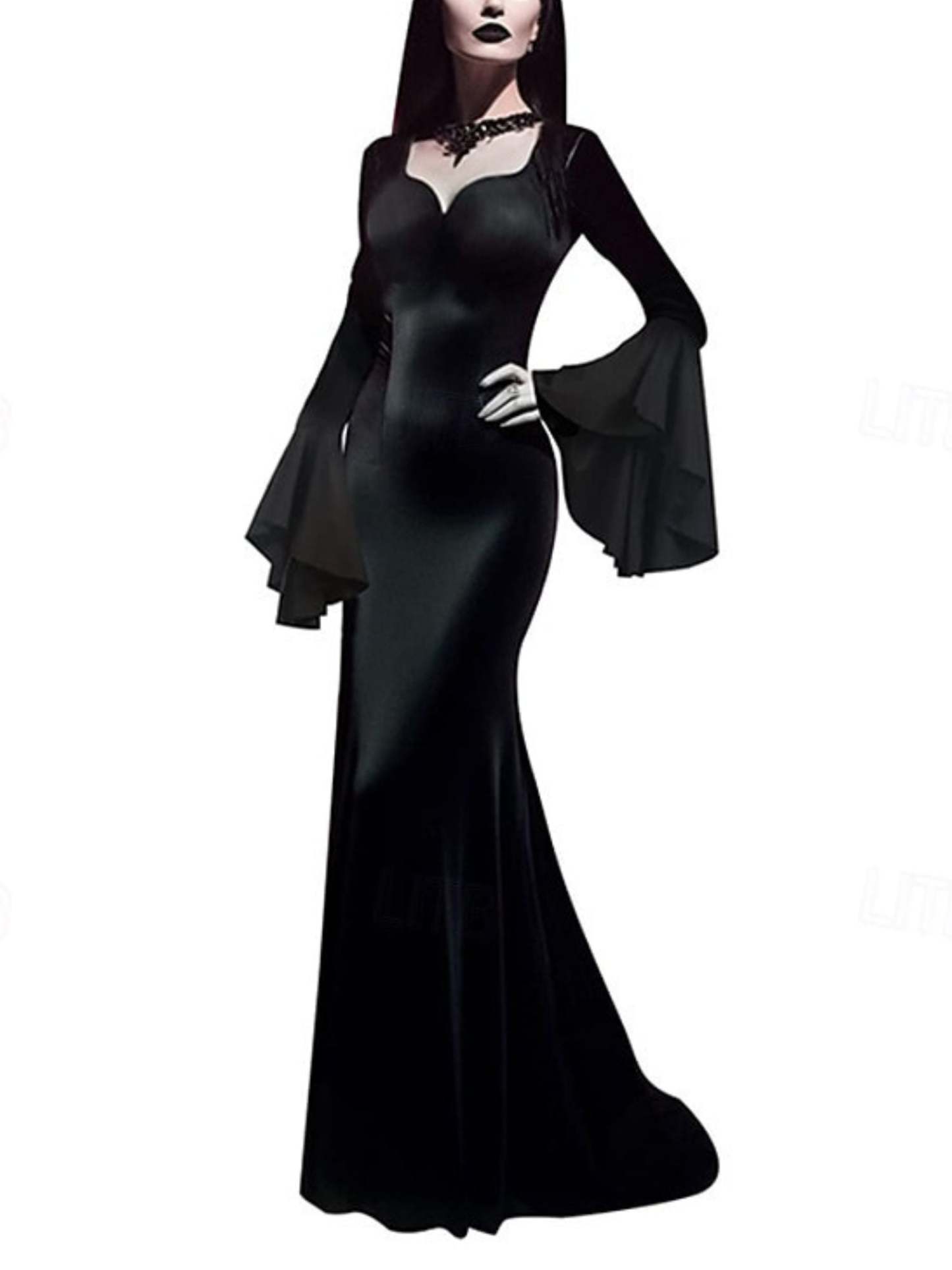 Goth Black Halloween Performance Dress with Mermaid/Trumpet V-neck and Long Sleeves