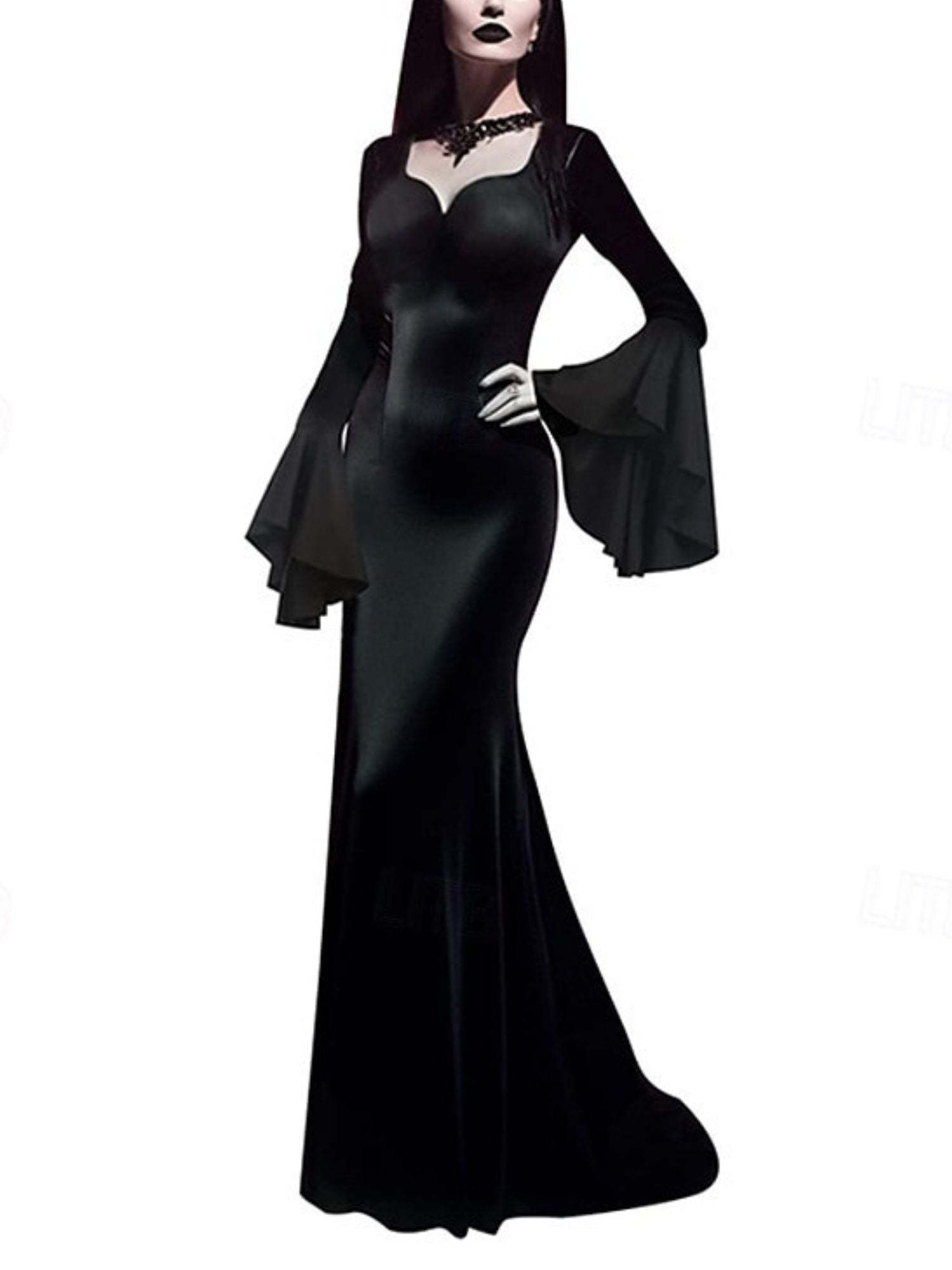 Goth Black Halloween Performance Dress with Mermaid/Trumpet V-neck and Long Sleeves