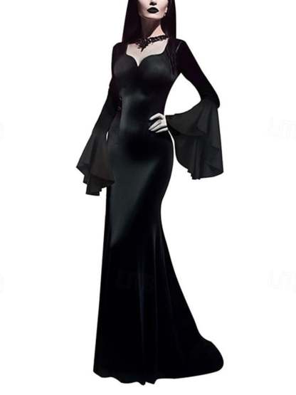 Goth Black Halloween Performance Dress with Mermaid/Trumpet V-neck and Long Sleeves