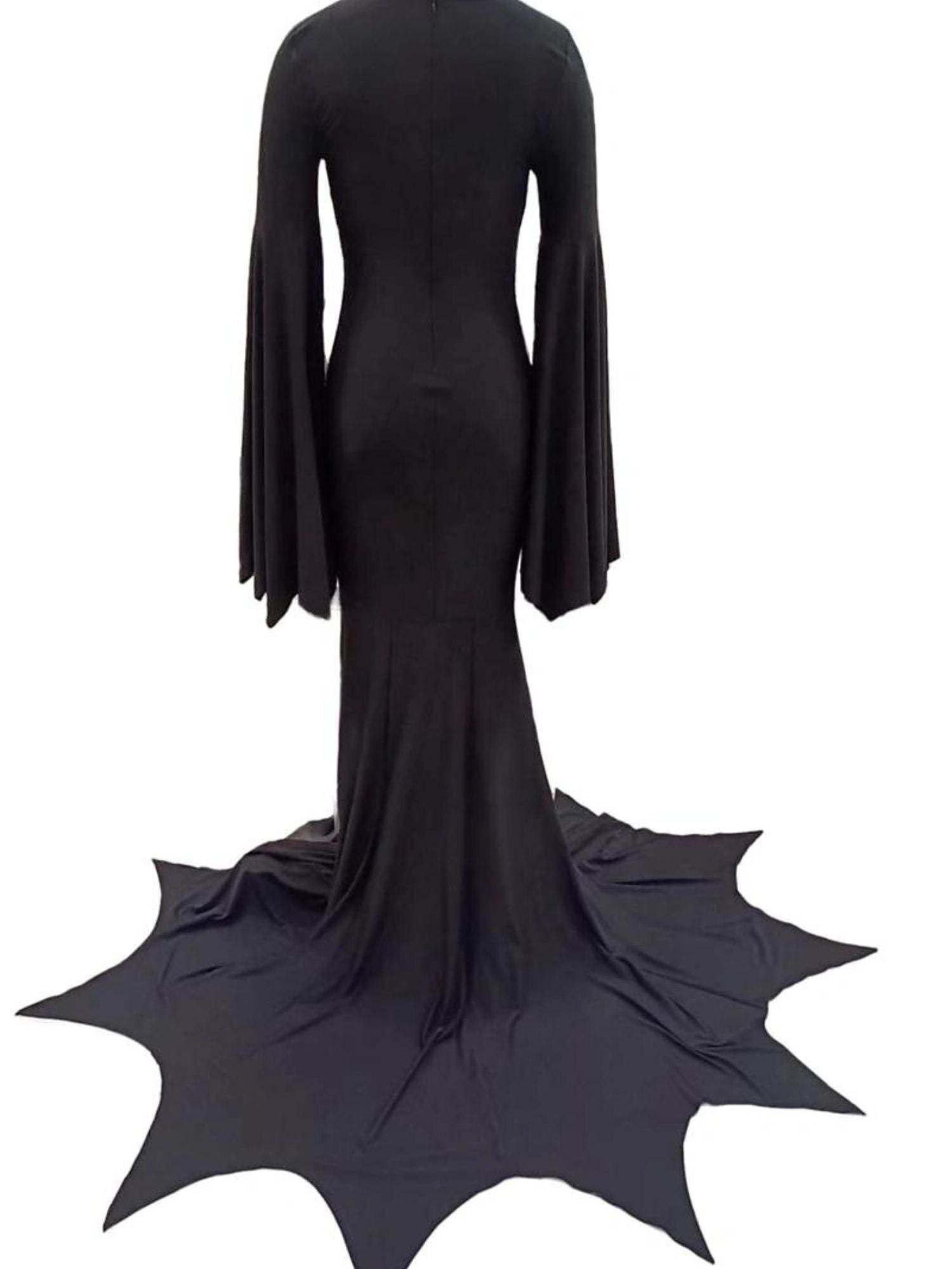 Goth Witch Halloween Performance Dress with Long Bat Sleeves and Floor-Length Sheath