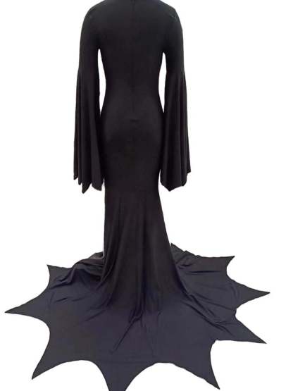 Goth Witch Halloween Performance Dress with Long Bat Sleeves and Floor-Length Sheath