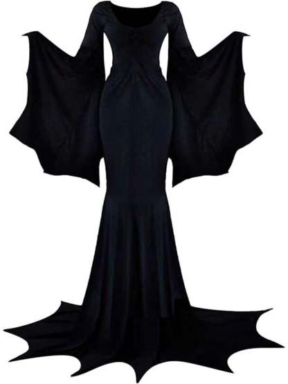Goth Witch Halloween Performance Dress with Long Bat Sleeves and Floor-Length Sheath