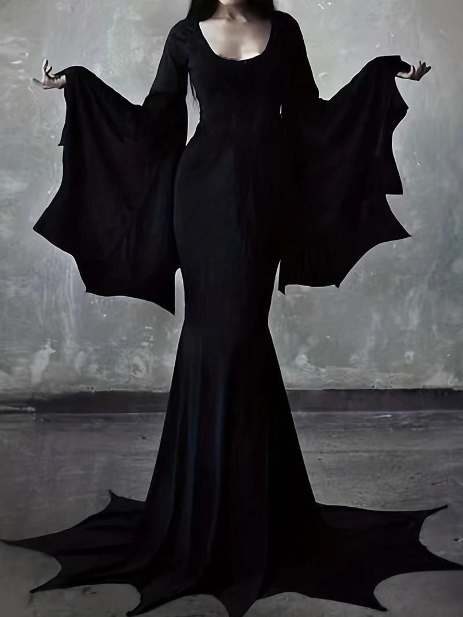 Goth Witch Halloween Performance Dress with Long Bat Sleeves and Floor-Length Sheath