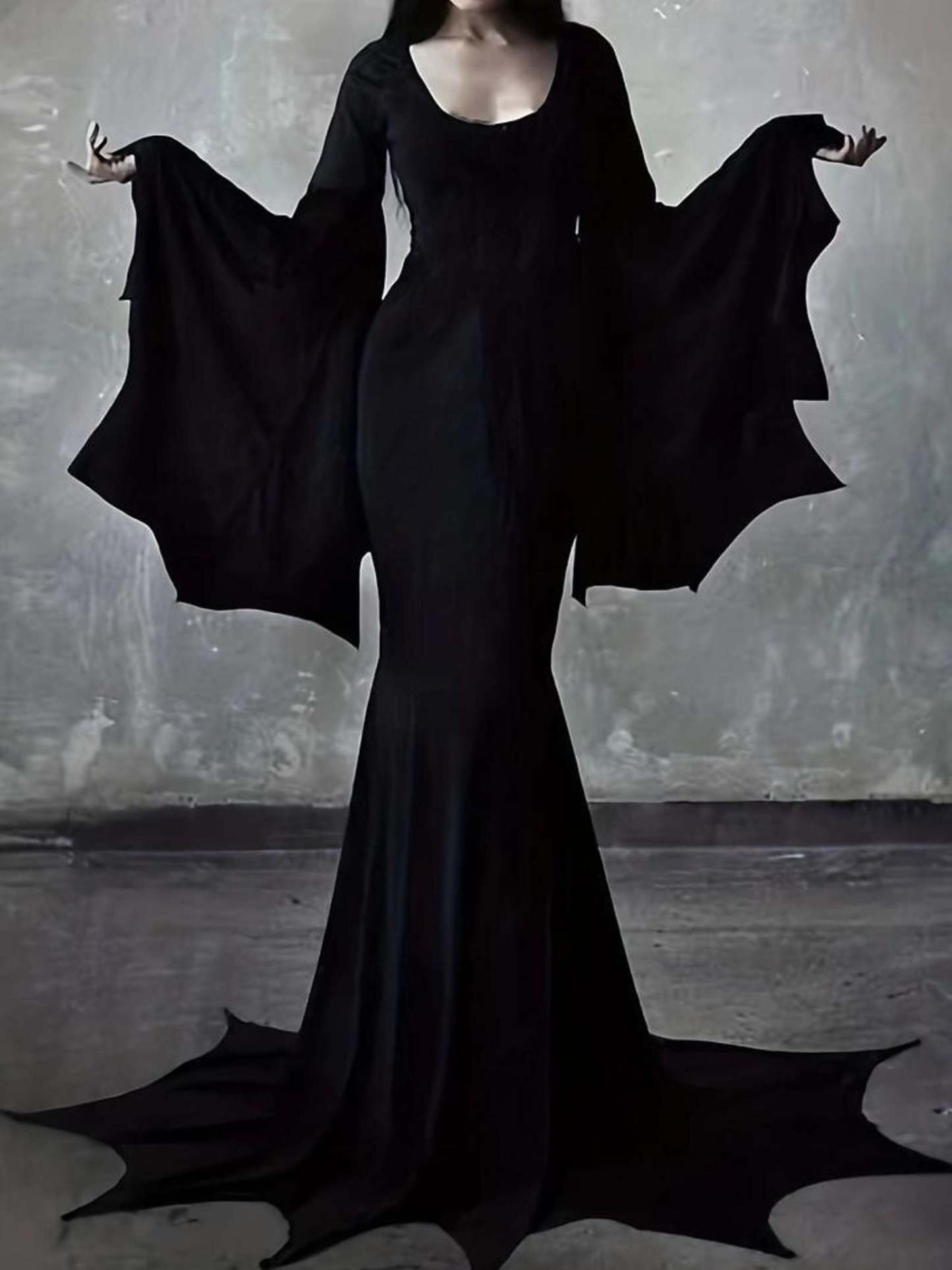 Goth Witch Halloween Performance Dress with Long Bat Sleeves and Floor-Length Sheath