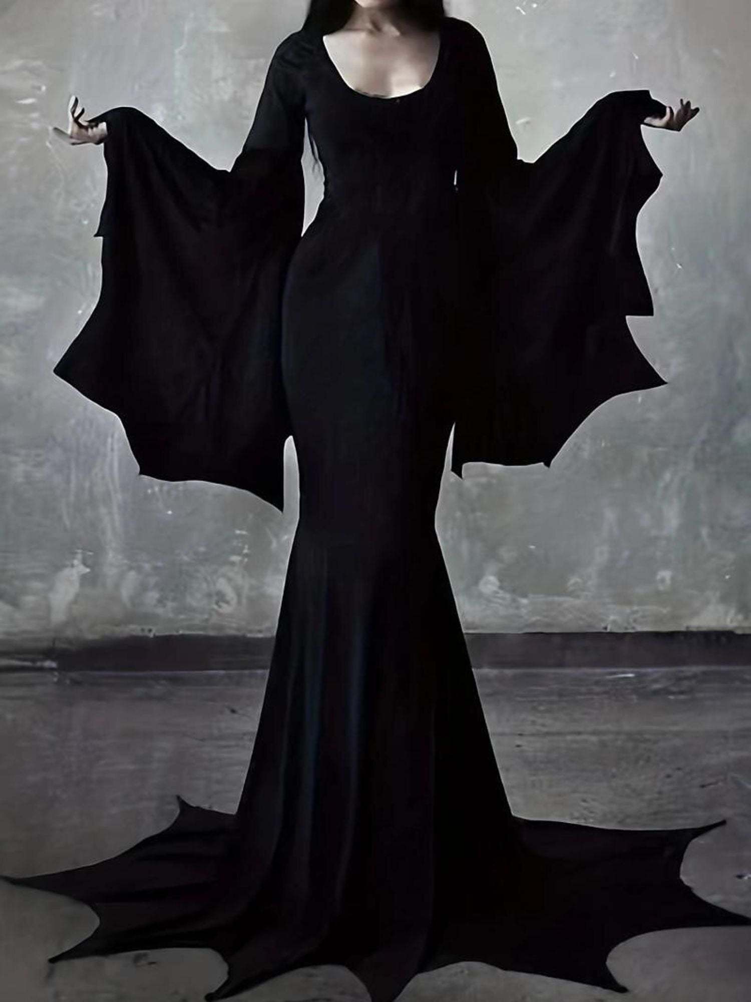 Goth Witch Halloween Performance Dress with Long Bat Sleeves and Floor-Length Sheath