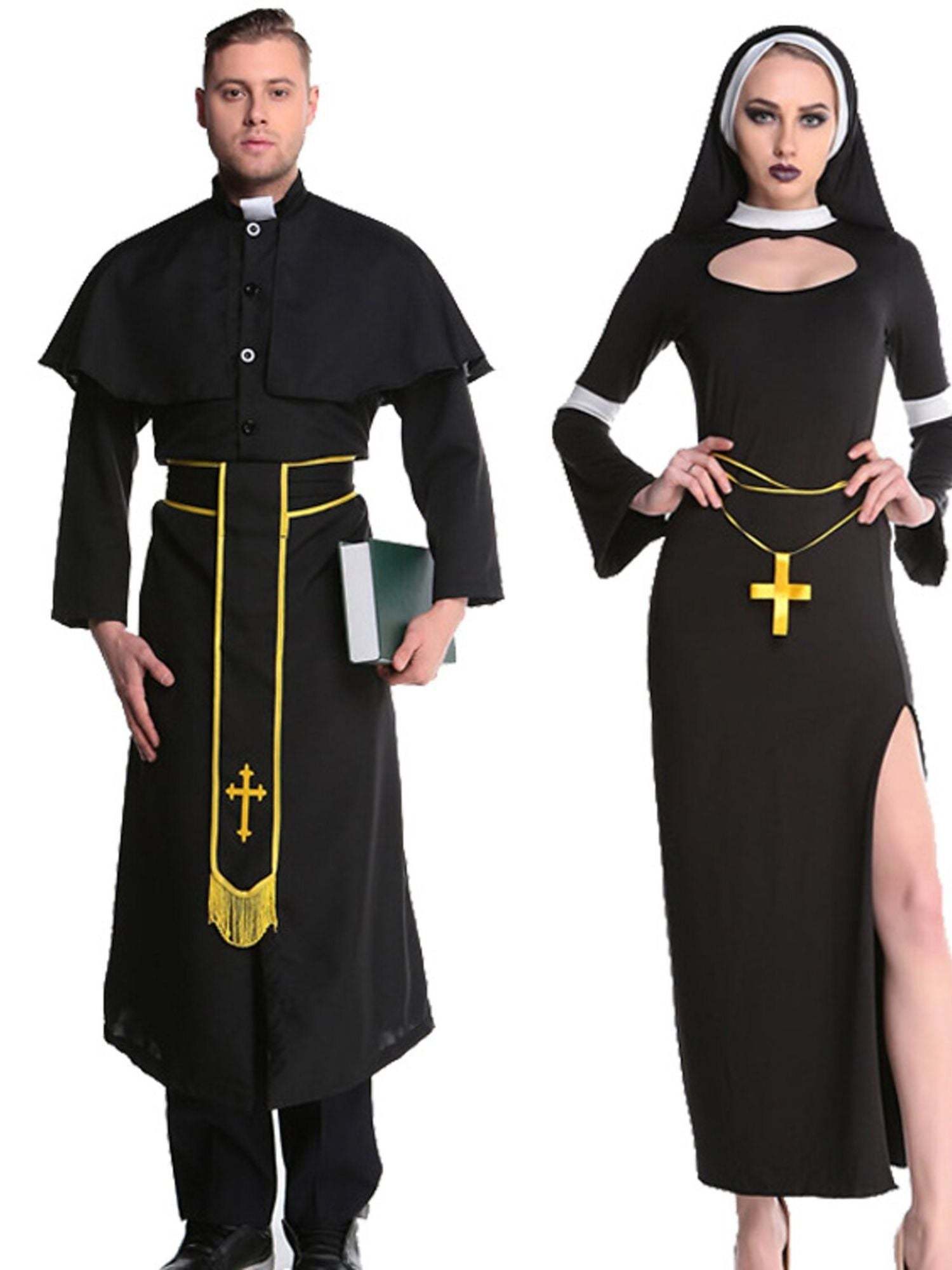 Vintage Black and Golden Halloween Masquerade Costume for Priest and Nun Couple