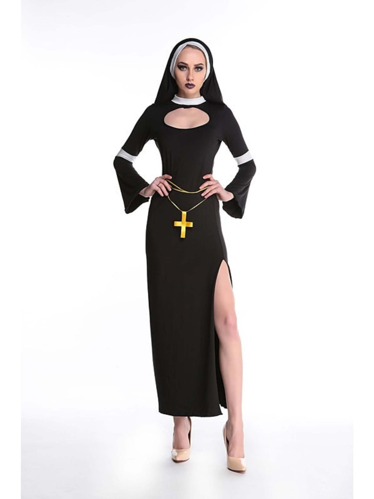 Vintage Black and Golden Halloween Masquerade Costume for Priest and Nun Couple