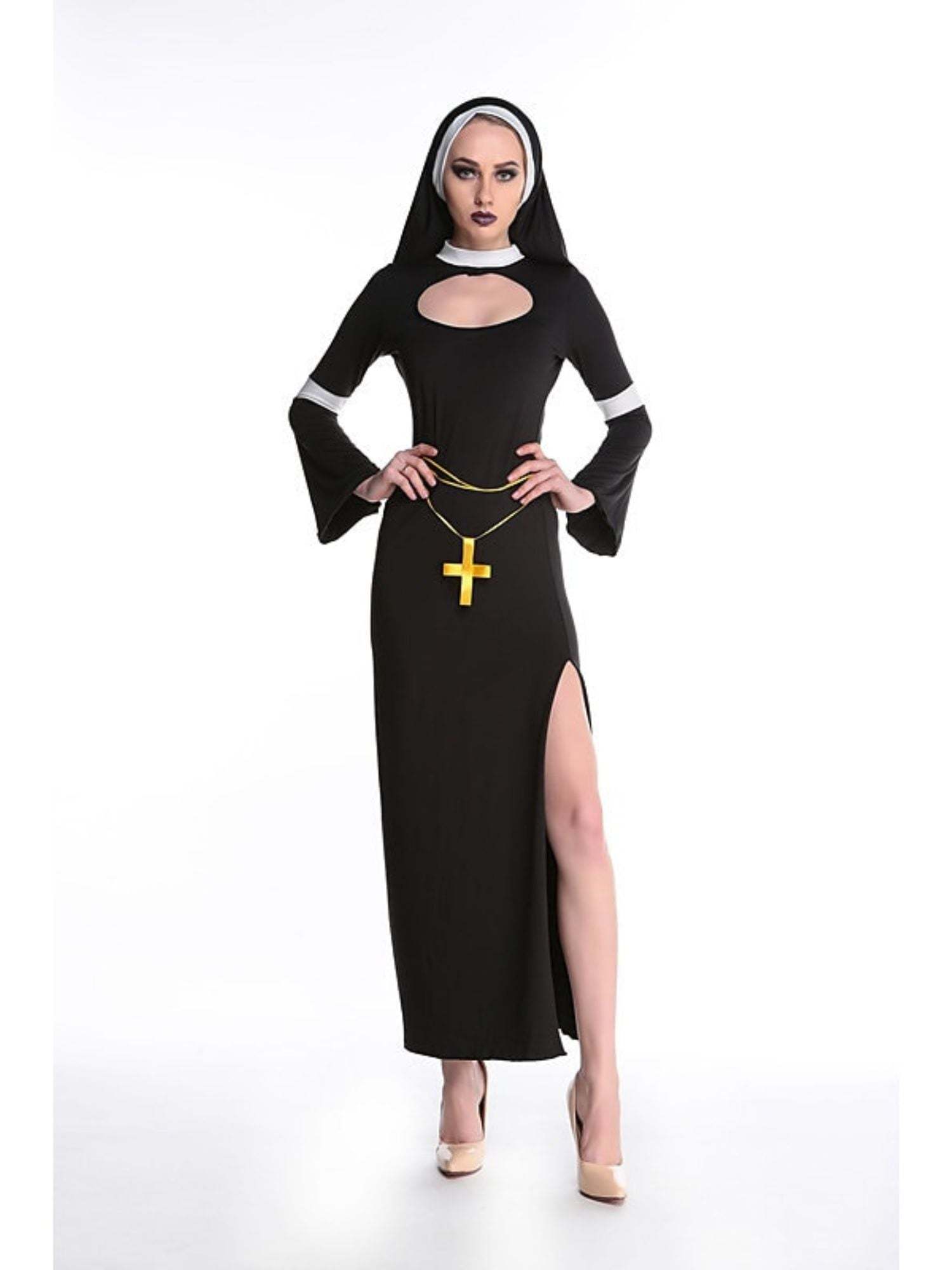 Vintage Black and Golden Halloween Masquerade Costume for Priest and Nun Couple