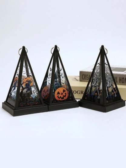 Vintage Halloween LED Lantern with Skull and Triangle Castle Design