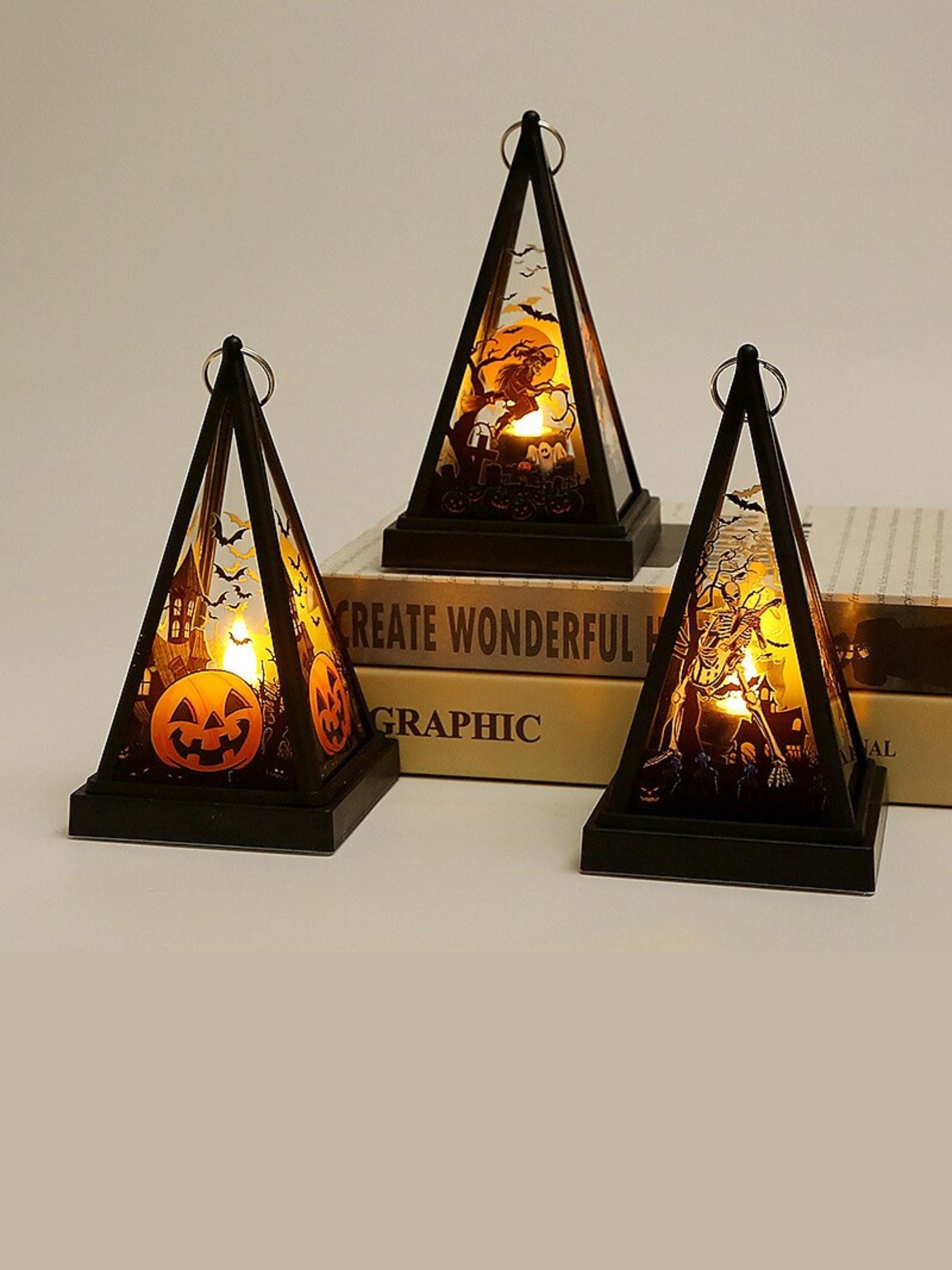Vintage Halloween LED Lantern with Skull and Triangle Castle Design