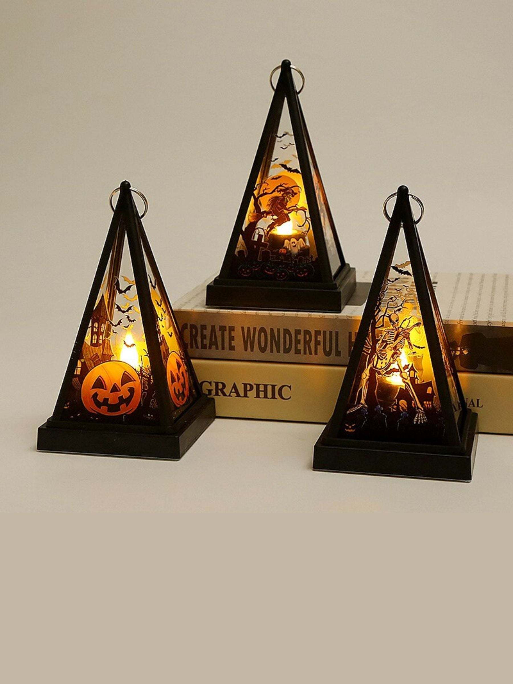 Vintage Halloween LED Lantern with Skull and Triangle Castle Design