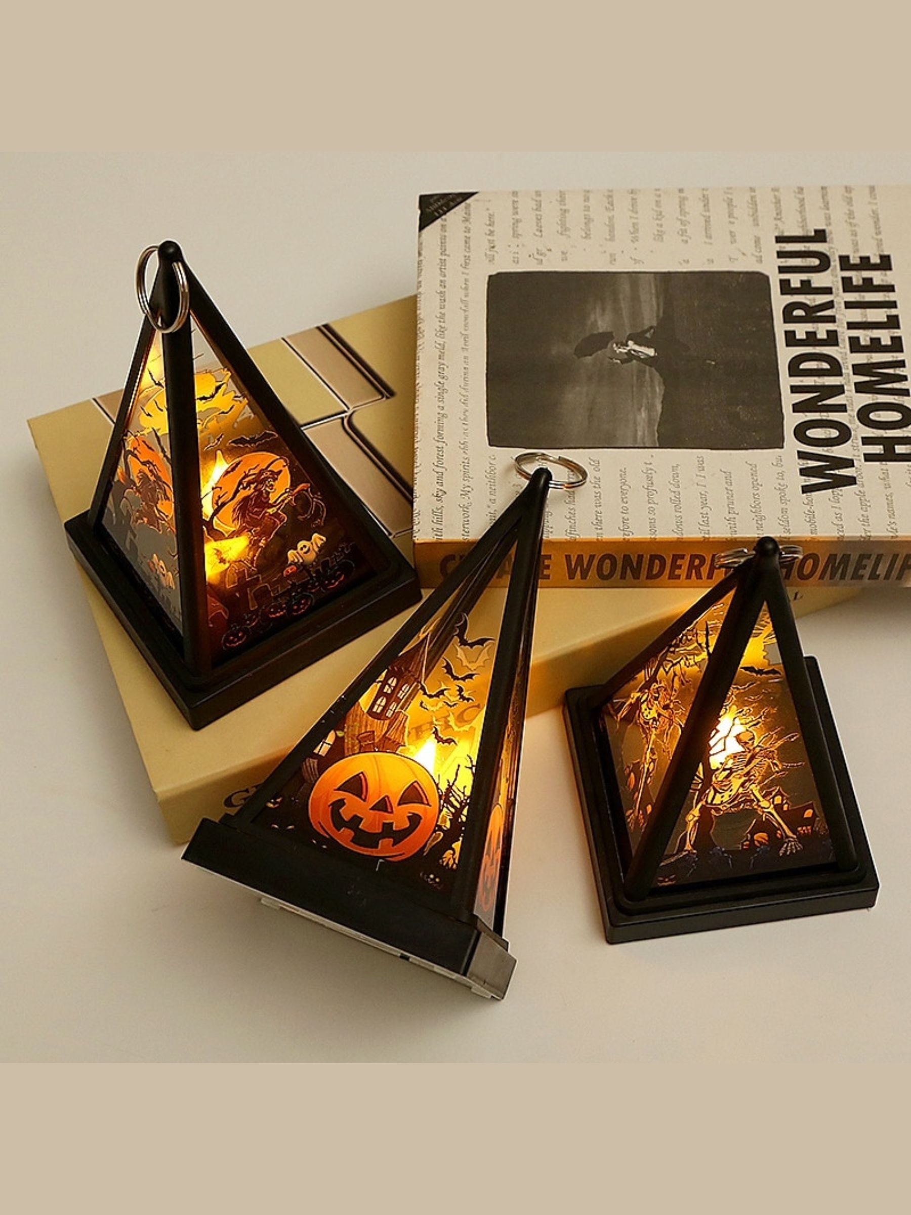 Vintage Halloween LED Lantern with Skull and Triangle Castle Design