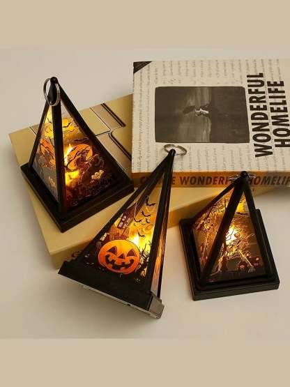 Vintage Halloween LED Lantern with Skull and Triangle Castle Design