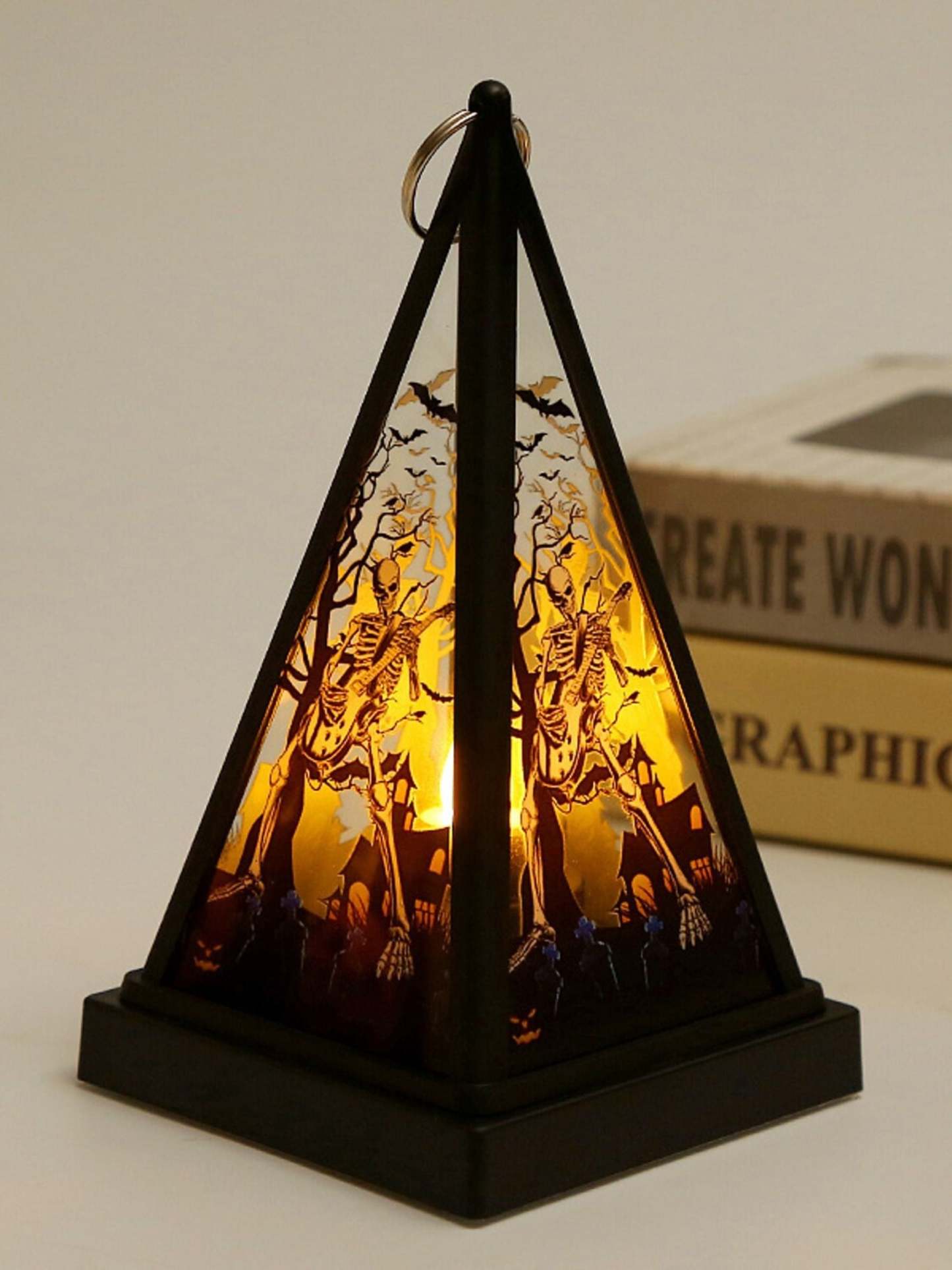 Vintage Halloween LED Lantern with Skull and Triangle Castle Design