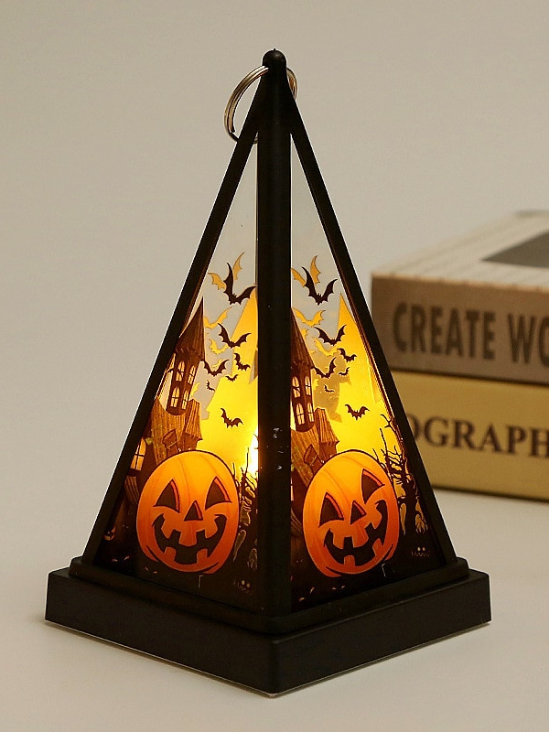 Vintage Halloween LED Lantern with Skull and Triangle Castle Design